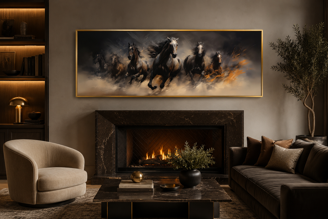 Long horizontal canvas art of wild brown galloping horses above a fireplace in a modern room.