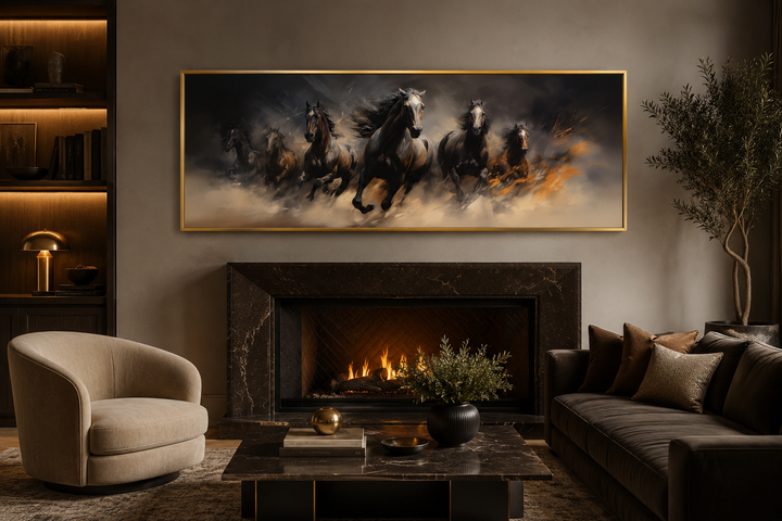 Long horizontal canvas art of wild brown galloping horses above a fireplace in a modern room.