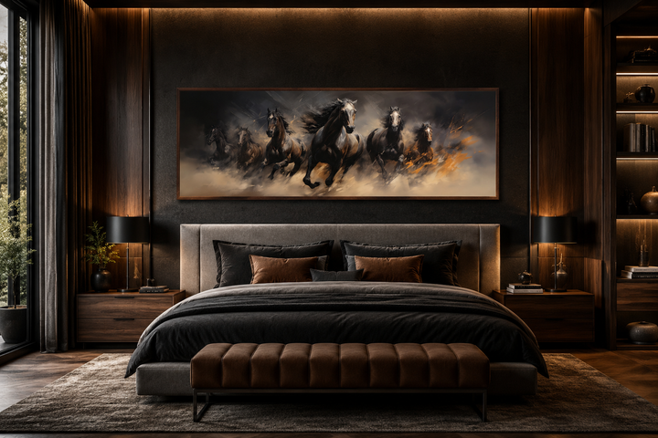 Long horizontal canvas art of wild brown galloping horses above a bed in a dark, modern bedroom.