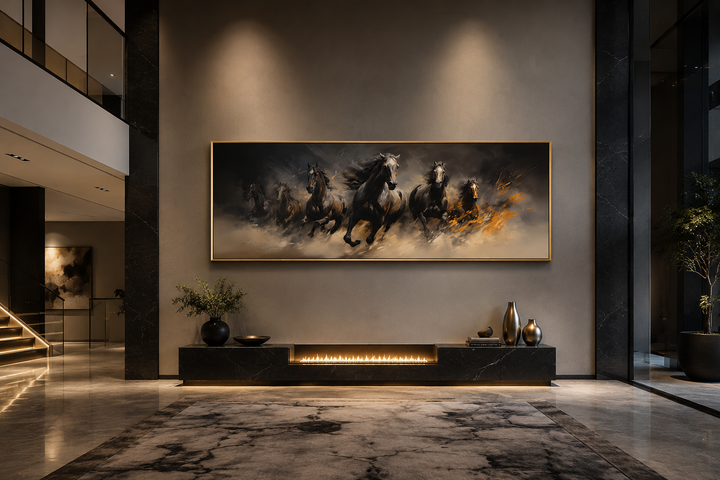 Long horizontal canvas wall art of wild brown galloping horses above a modern fireplace.