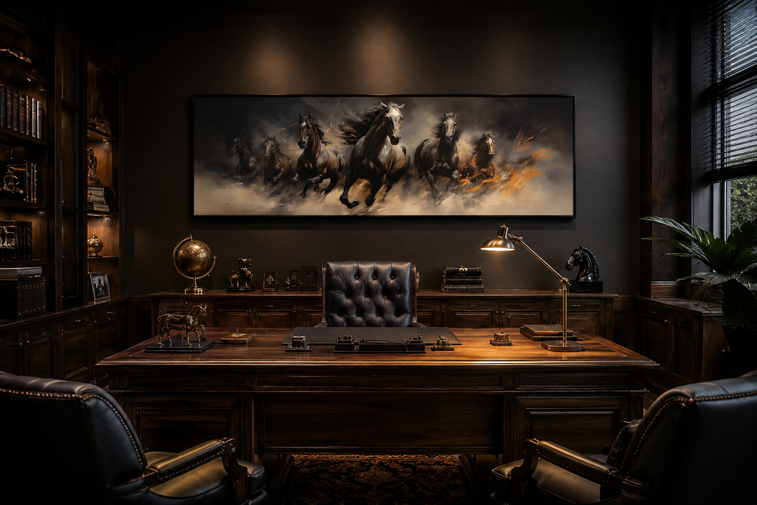 Wild brown galloping horses long horizontal canvas wall art displayed in a dark wood office.