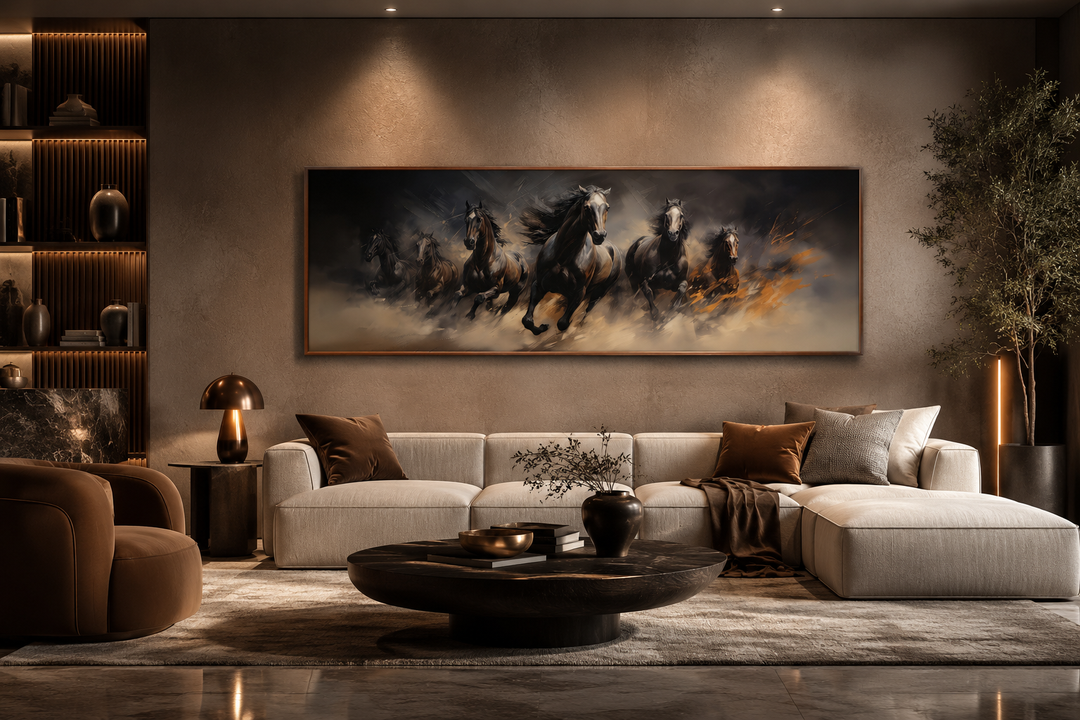 Long horizontal canvas wall art of wild brown galloping horses above a modern living room sofa.