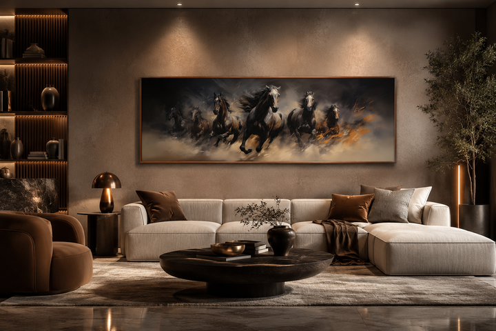 Long horizontal canvas wall art of wild brown galloping horses above a modern living room sofa.