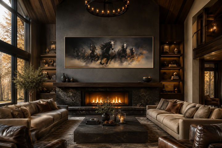 Wild brown galloping horses long horizontal canvas wall art above a fireplace in a rustic room.