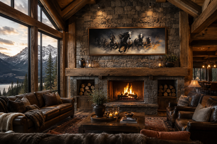 Long horizontal canvas art of wild brown galloping horses above a rustic stone fireplace.