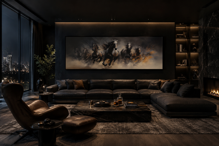 Long horizontal canvas wall art of wild brown galloping horses above a dark leather sofa.