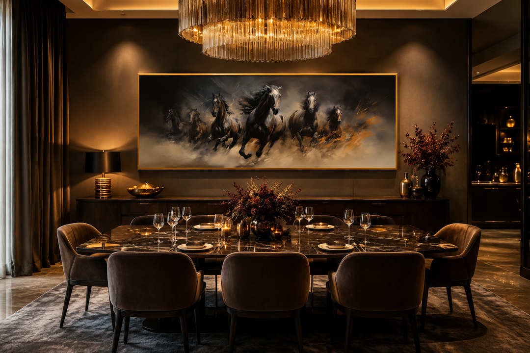 Long horizontal canvas art of wild brown galloping horses above a dining table in a dark room.