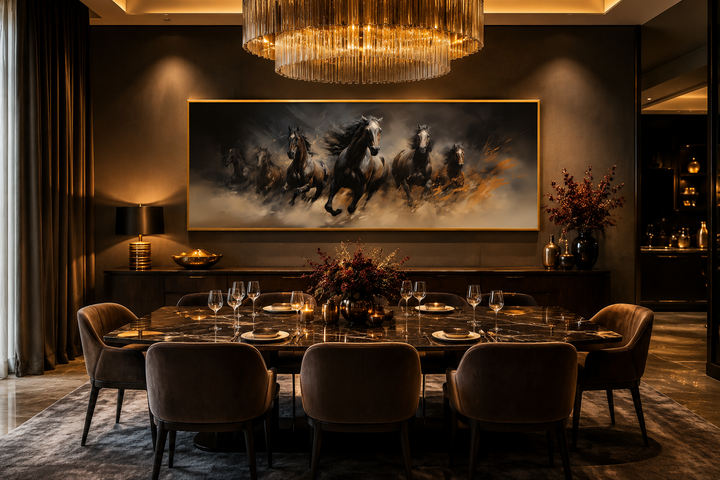 Long horizontal canvas art of wild brown galloping horses above a dining table in a dark room.