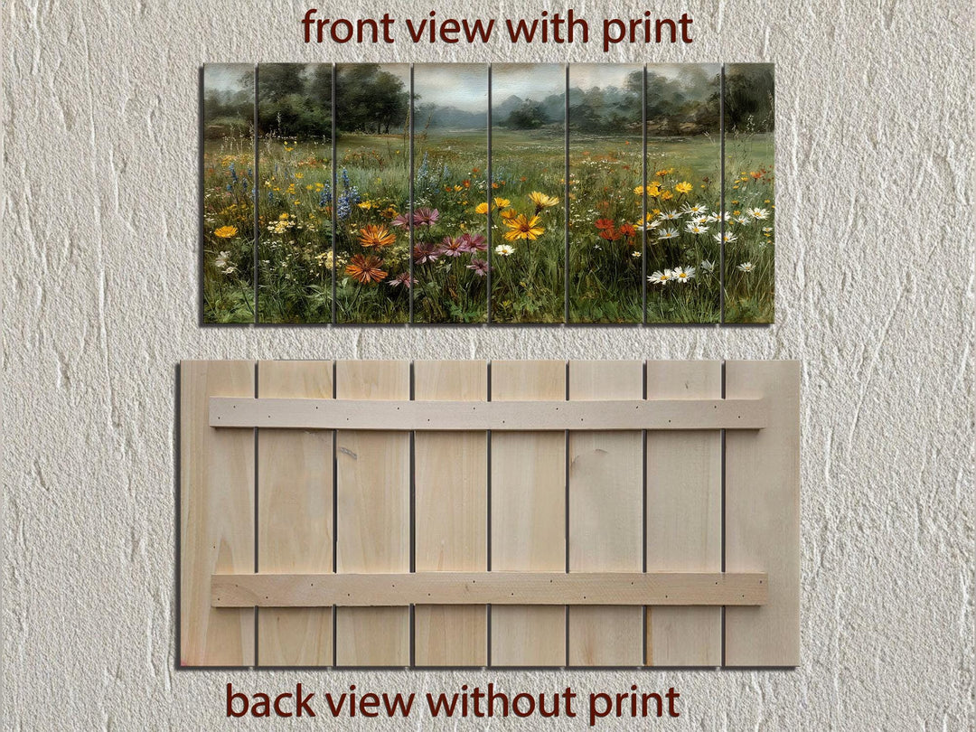 Wildflower field landscape print on a rustic multi-panel wood wall art piece, front and back views.