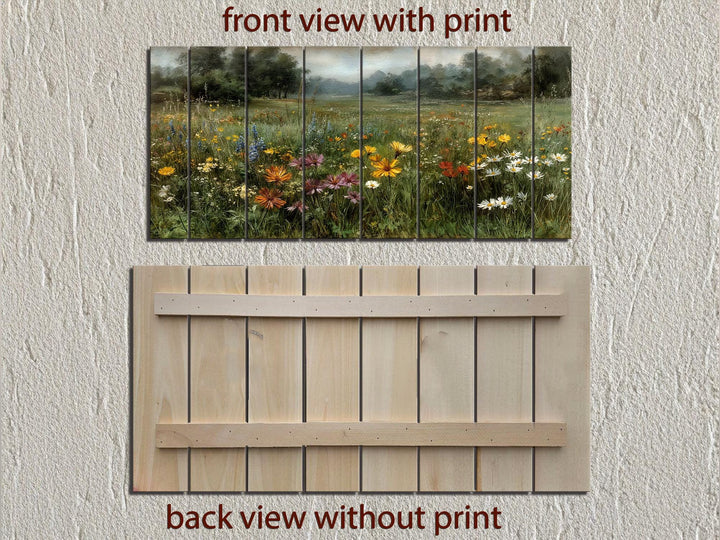 Wildflower field landscape print on a rustic multi-panel wood wall art piece, front and back views.