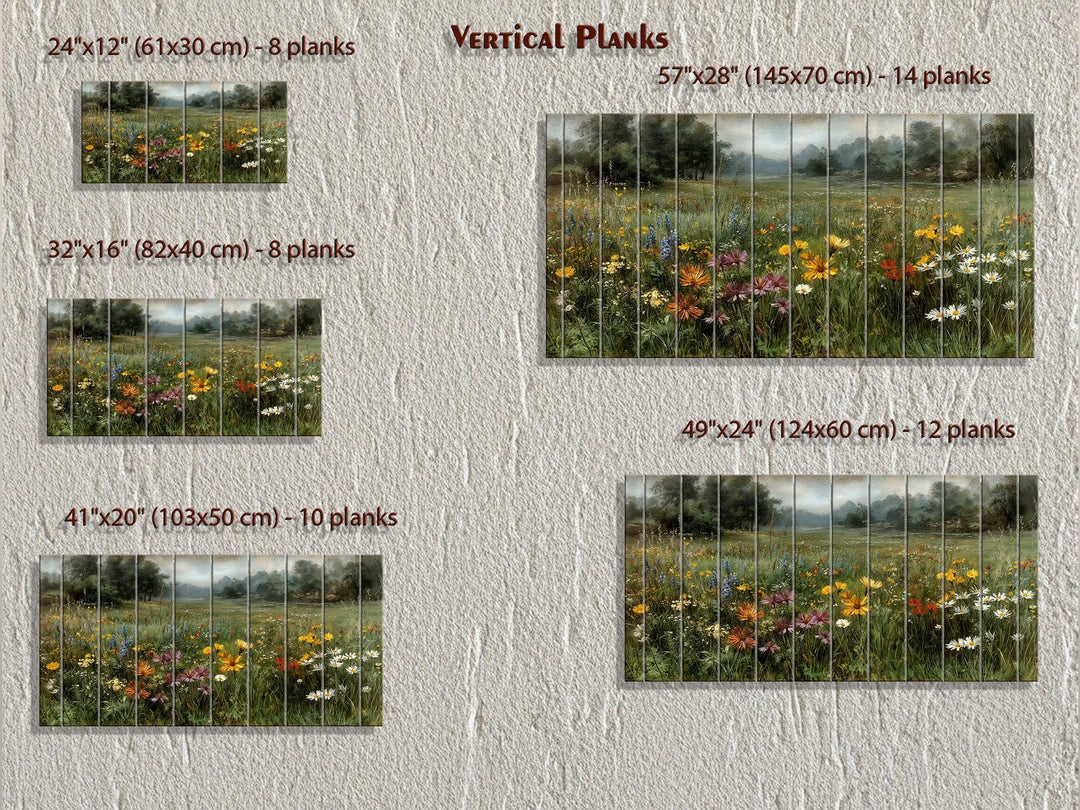 Wildflower field landscape printed on vertical wood planks in five different size options.