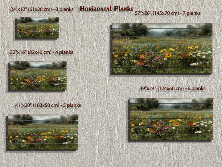 Five sizes of wildflower landscape prints on horizontal wood planks displayed on a textured wall.