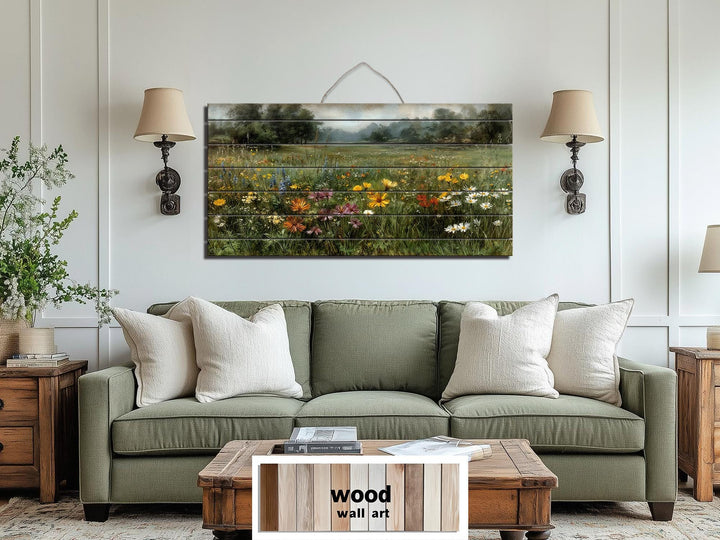 Wildflower field landscape printed on rustic wood panels hanging above a green sofa.
