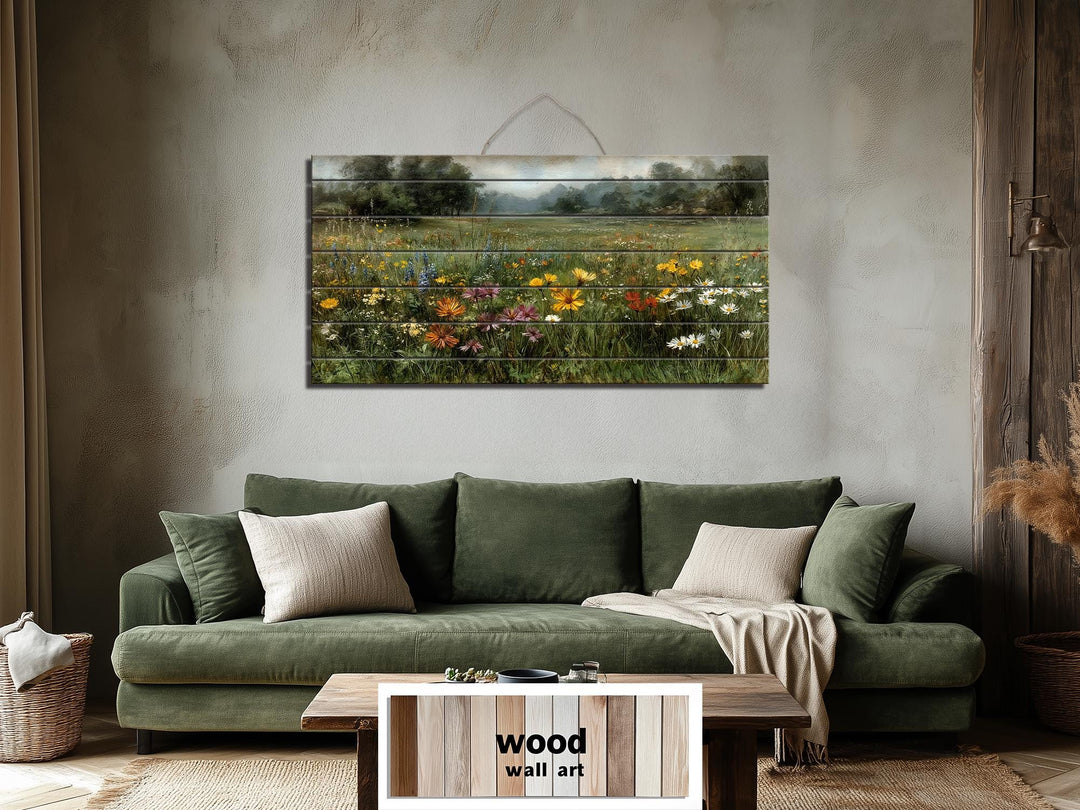 Wildflower landscape print on a rustic wood panel hanging above a green sofa in a cozy living room.