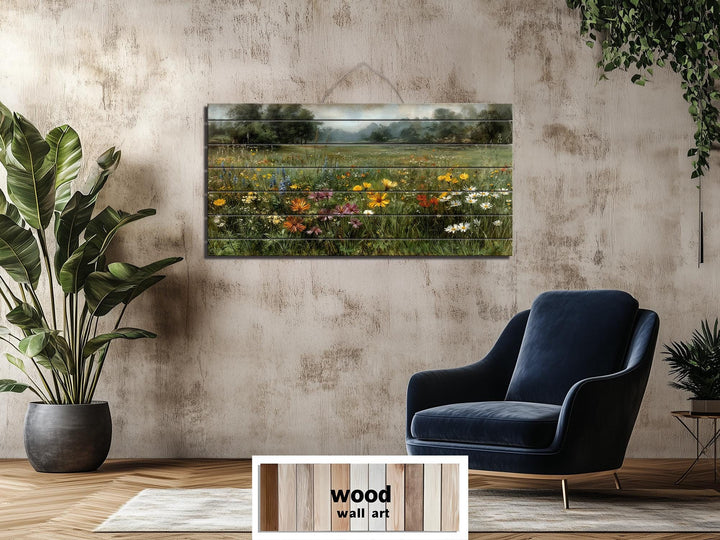 Wildflower field landscape printed on rustic wood planks, hanging in a modern living room.