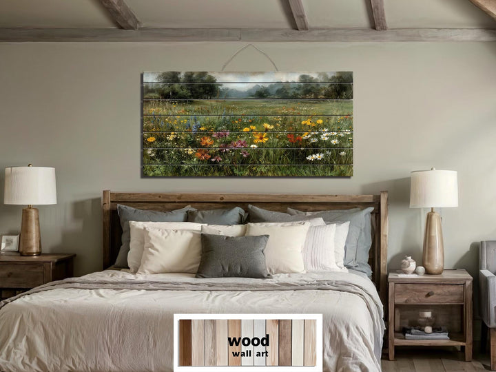 Wildflower field landscape printed on horizontal rustic wood planks hanging above a bed.