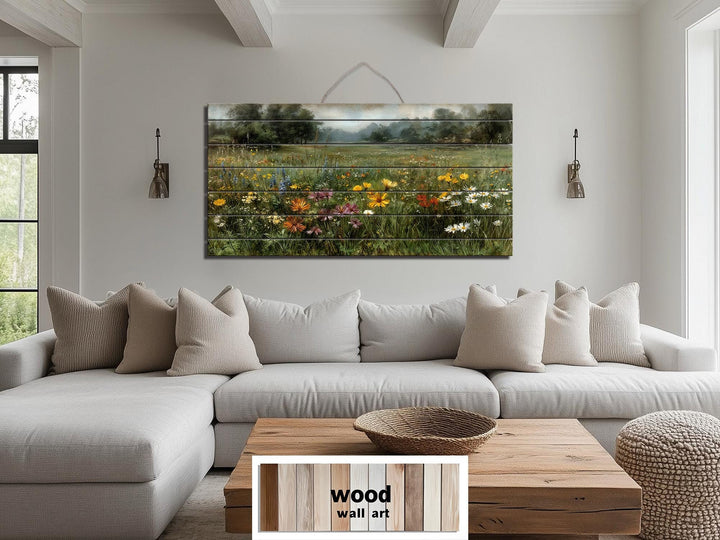 Wildflower field landscape printed on a rustic horizontal wood plank wall art piece.