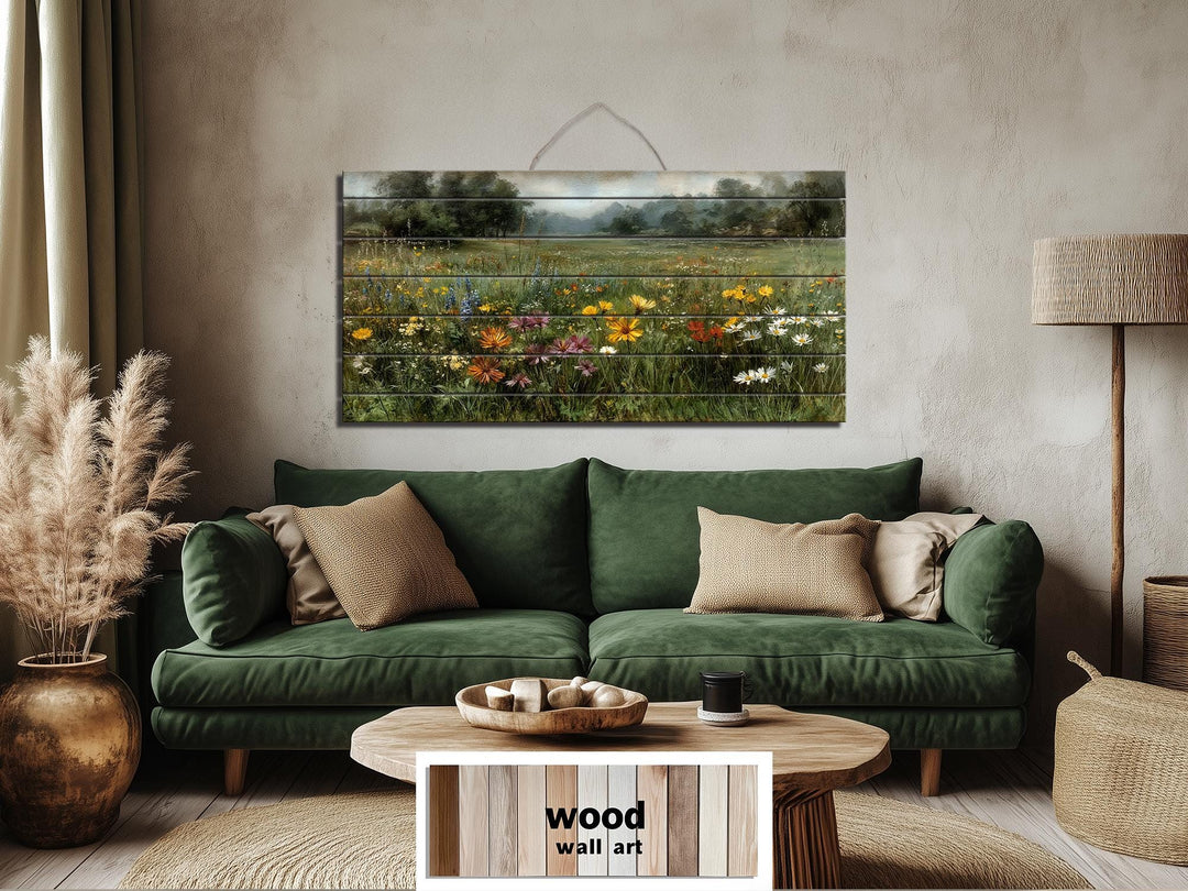 Wildflower field landscape printed on a rustic horizontal wood plank wall art piece.