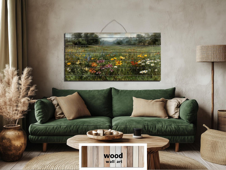 Wildflower field landscape printed on a rustic horizontal wood plank wall art piece.