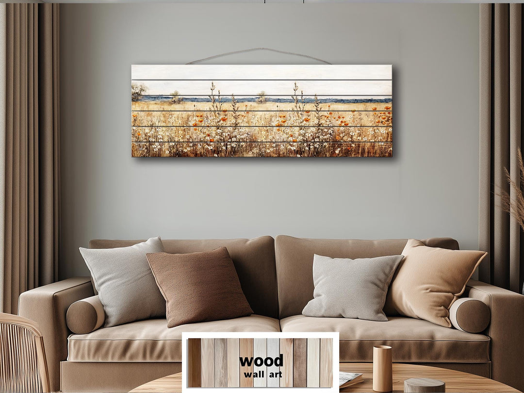 Wildflower Field Long Horizontal Rustic Distressed Wood Wall Art