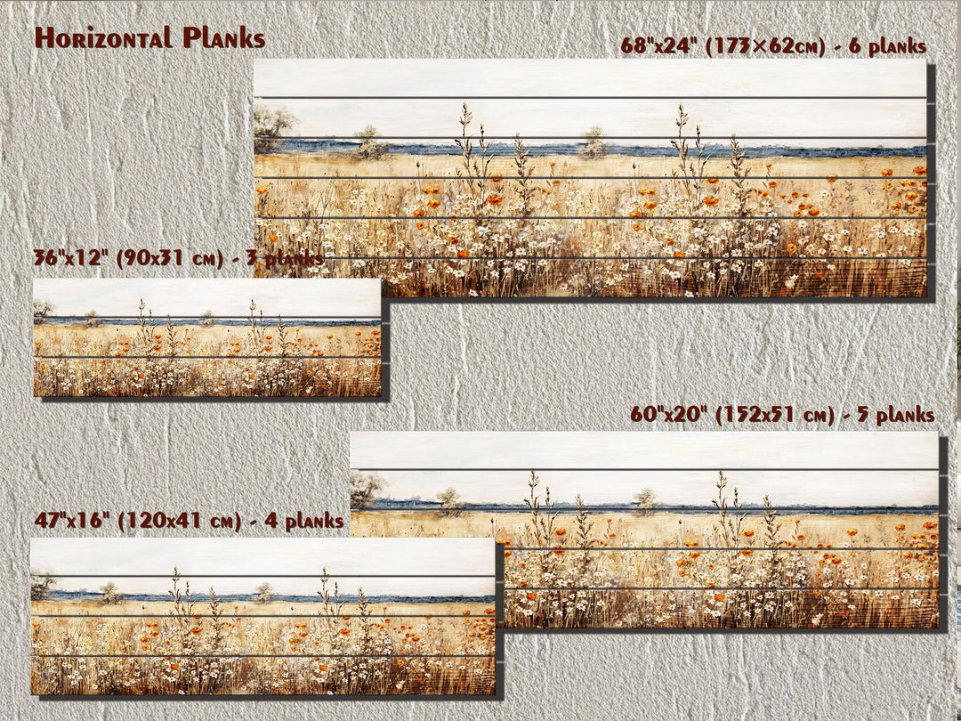 Wildflower Field Long Horizontal Rustic Distressed Wood Wall Art