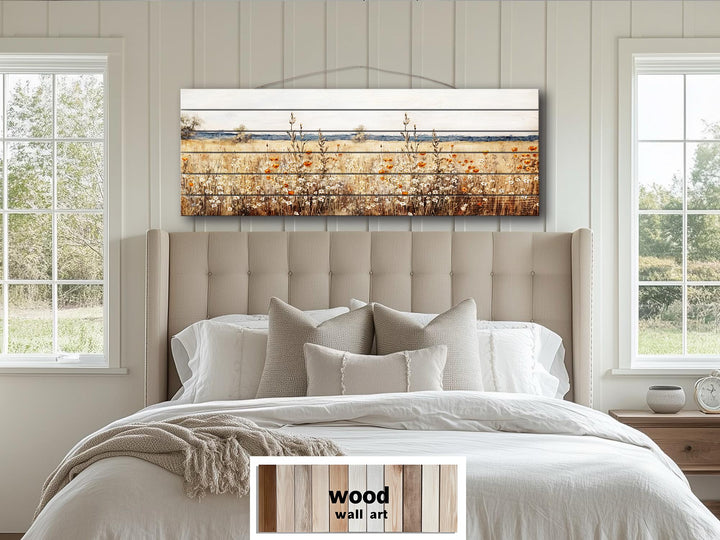 Wildflower Field Long Horizontal Rustic Distressed Wood Wall Art