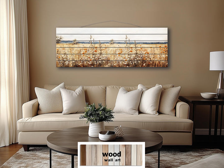 Wildflower Field Long Horizontal Rustic Distressed Wood Wall Art