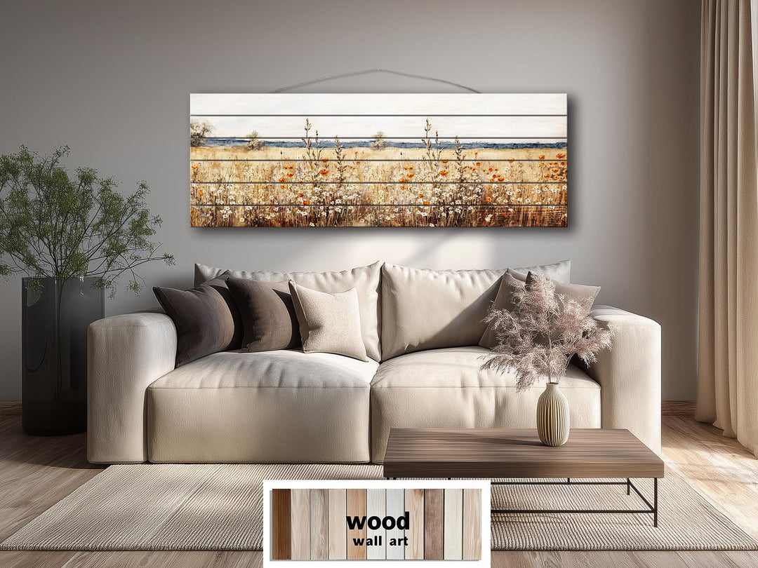 Wildflower Field Long Horizontal Rustic Distressed Wood Wall Art