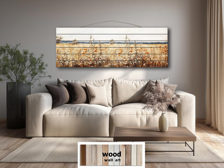 Wildflower Field Long Horizontal Rustic Distressed Wood Wall Art