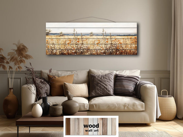 Wildflower Field Long Horizontal Rustic Distressed Wood Wall Art
