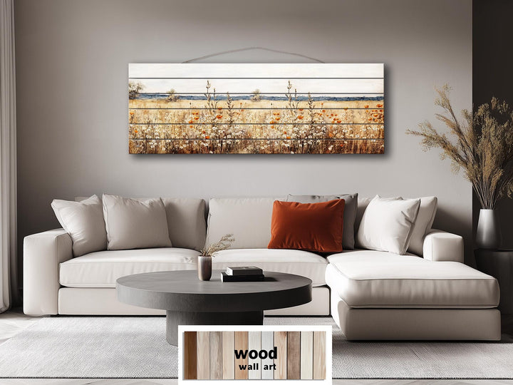 Wildflower Field Long Horizontal Rustic Distressed Wood Wall Art