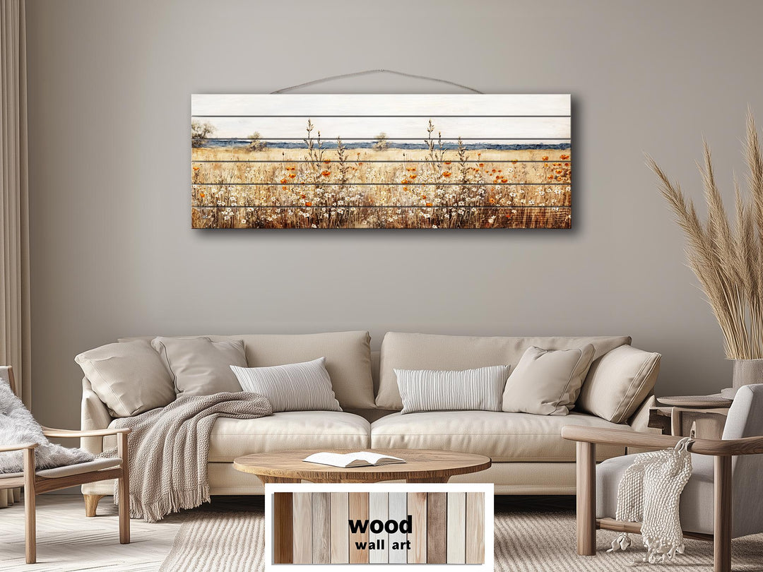 Wildflower Field Long Horizontal Rustic Distressed Wood Wall Art