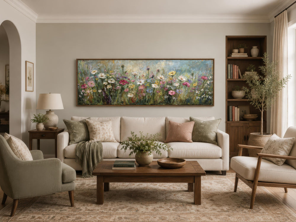 A long horizontal canvas painting of a colorful wildflower field hangs above a neutral sofa.