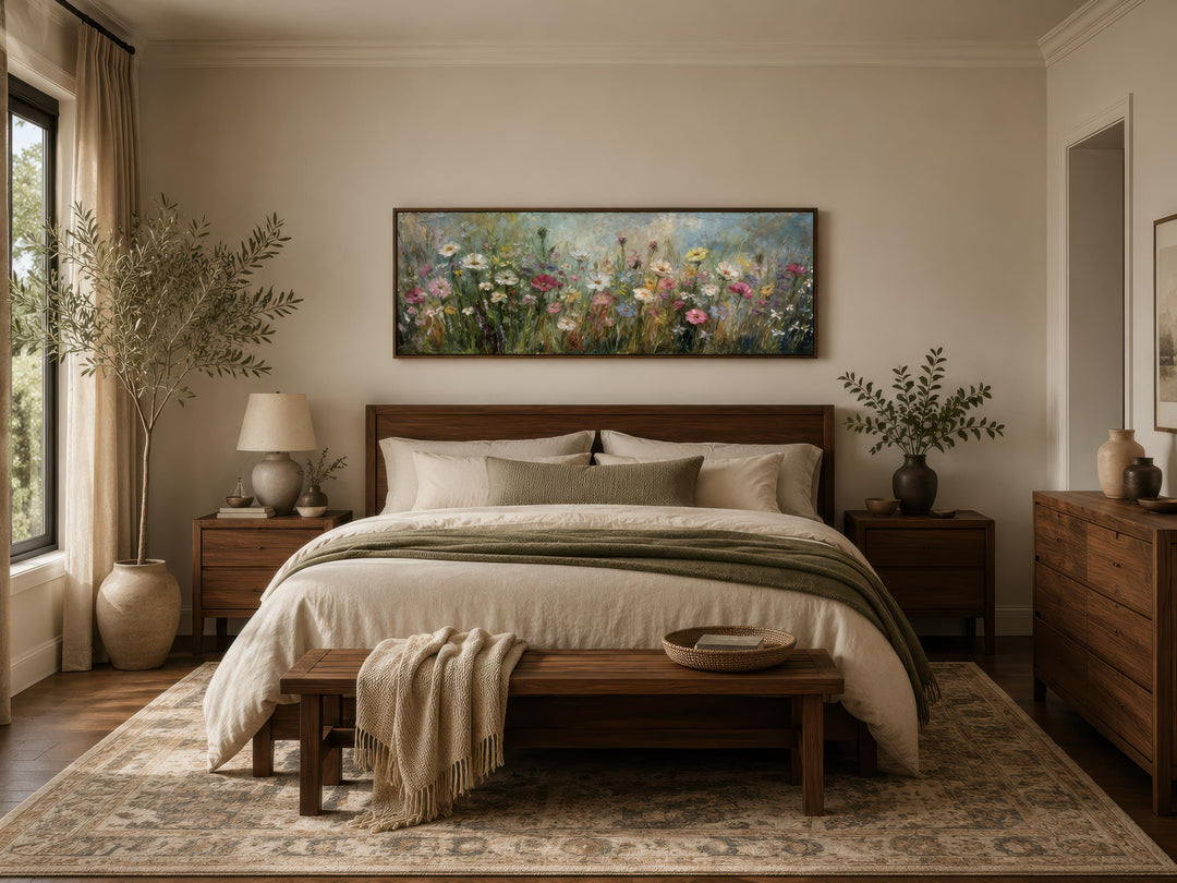 A long narrow canvas painting of a colorful wildflower field hangs above a bed in a neutral bedroom.
