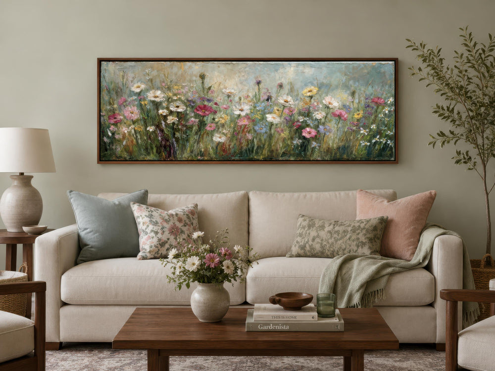 A long narrow canvas painting of a colorful wildflower field hangs above a neutral-toned sofa.