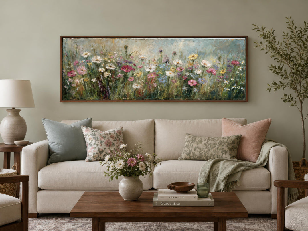 A long narrow canvas painting of a colorful wildflower field hangs above a neutral-toned sofa.