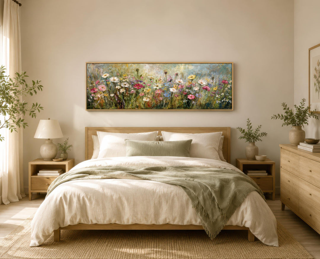 A long narrow canvas painting of a colorful wildflower field hangs above a bed in a neutral bedroom.
