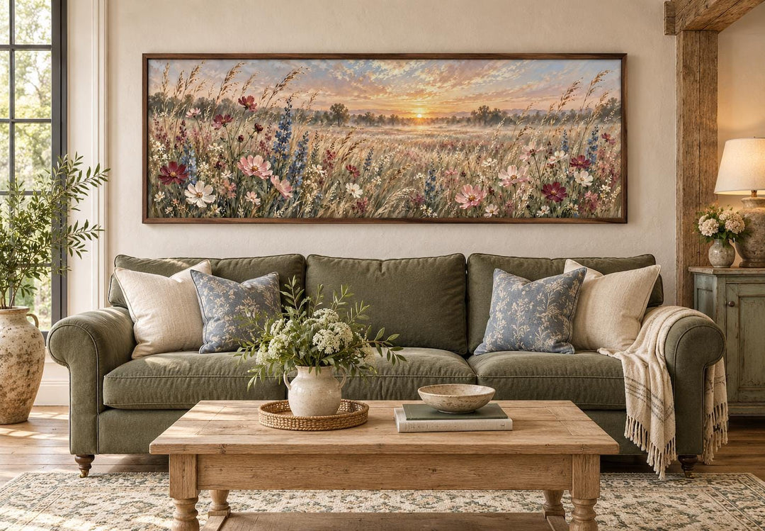 Long narrow canvas wall art of a wildflower meadow at sunrise above a green sofa in a living room.