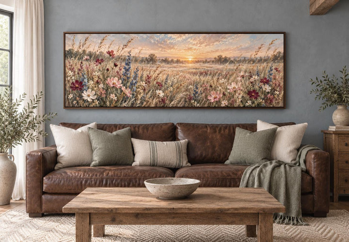 Long narrow canvas wall art of a wildflower meadow at sunrise above a brown leather sofa.