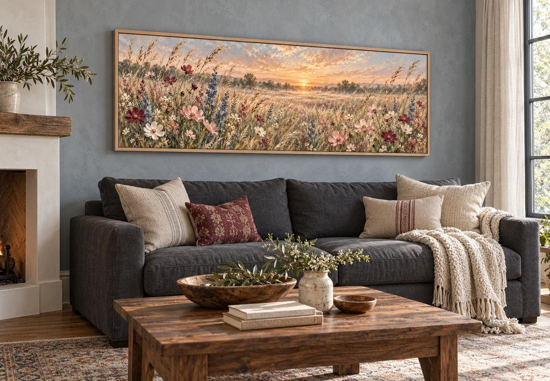 Wildflower Meadow Sunrise Landscape long narrow canvas wall art above a dark gray sofa.