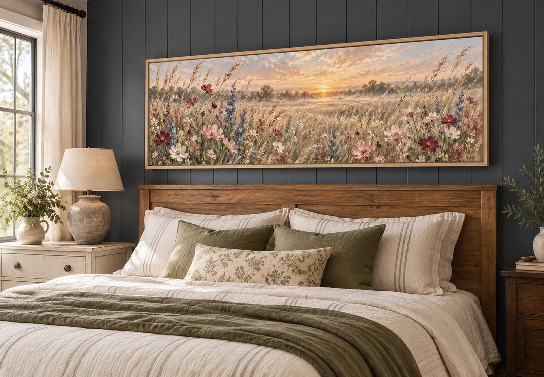 Wildflower meadow sunrise landscape long narrow canvas wall art above a bed in a cozy bedroom.