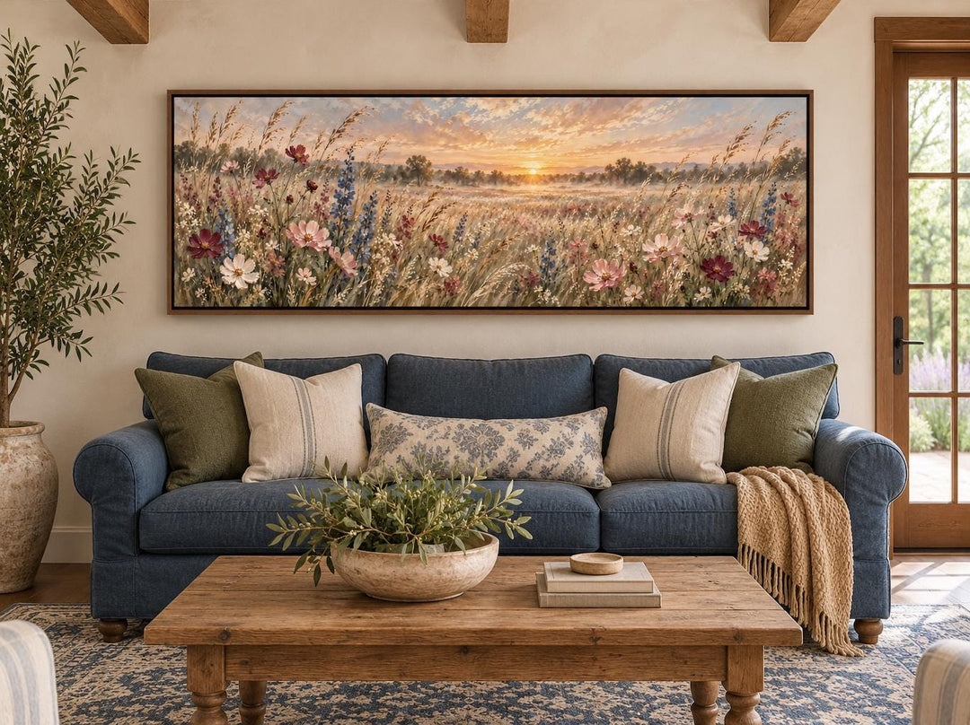 Wildflower Meadow Sunrise Landscape long narrow canvas wall art above a blue sofa in a living room.