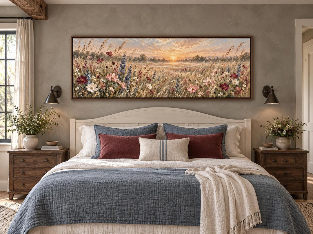 Wildflower Meadow Sunrise long narrow canvas wall art hanging above a bed in a rustic bedroom.