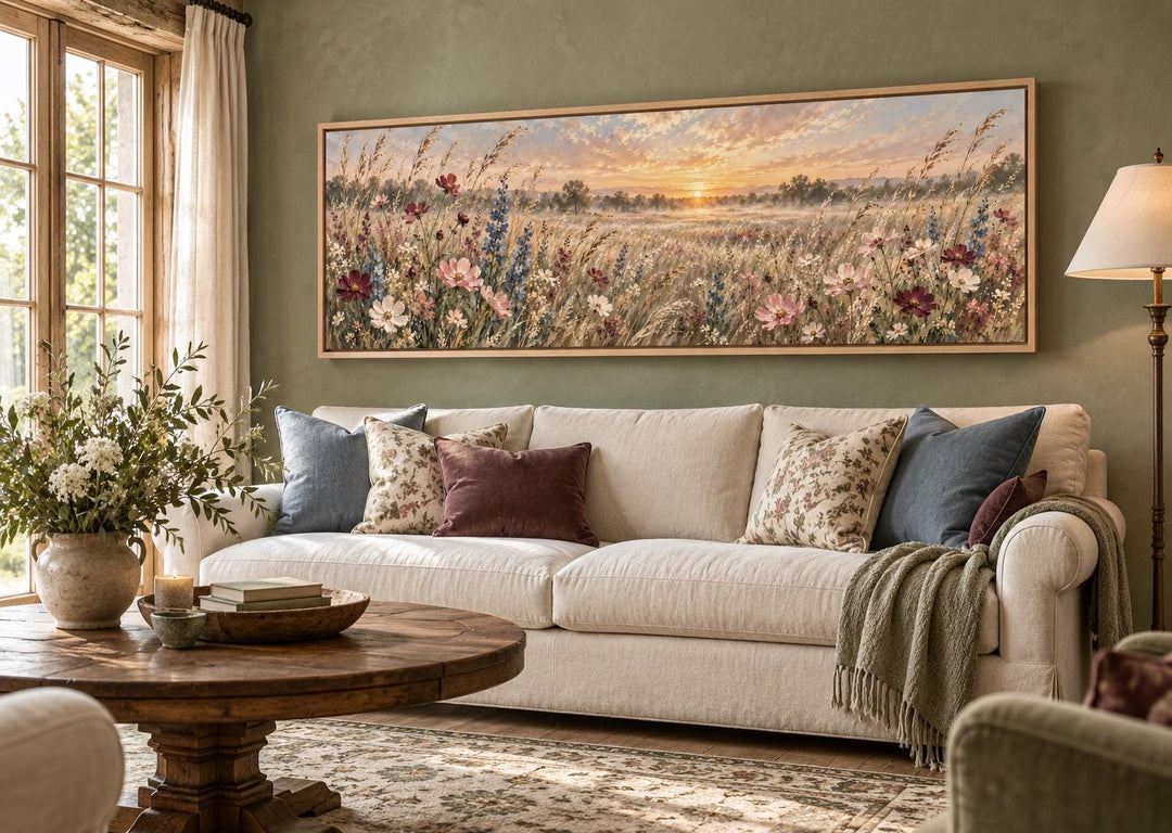 Long narrow canvas wall art of a wildflower meadow at sunrise above a neutral sofa in a living room.