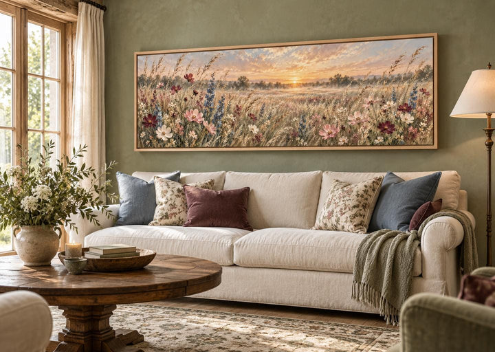 Long narrow canvas wall art of a wildflower meadow at sunrise above a neutral sofa in a living room.