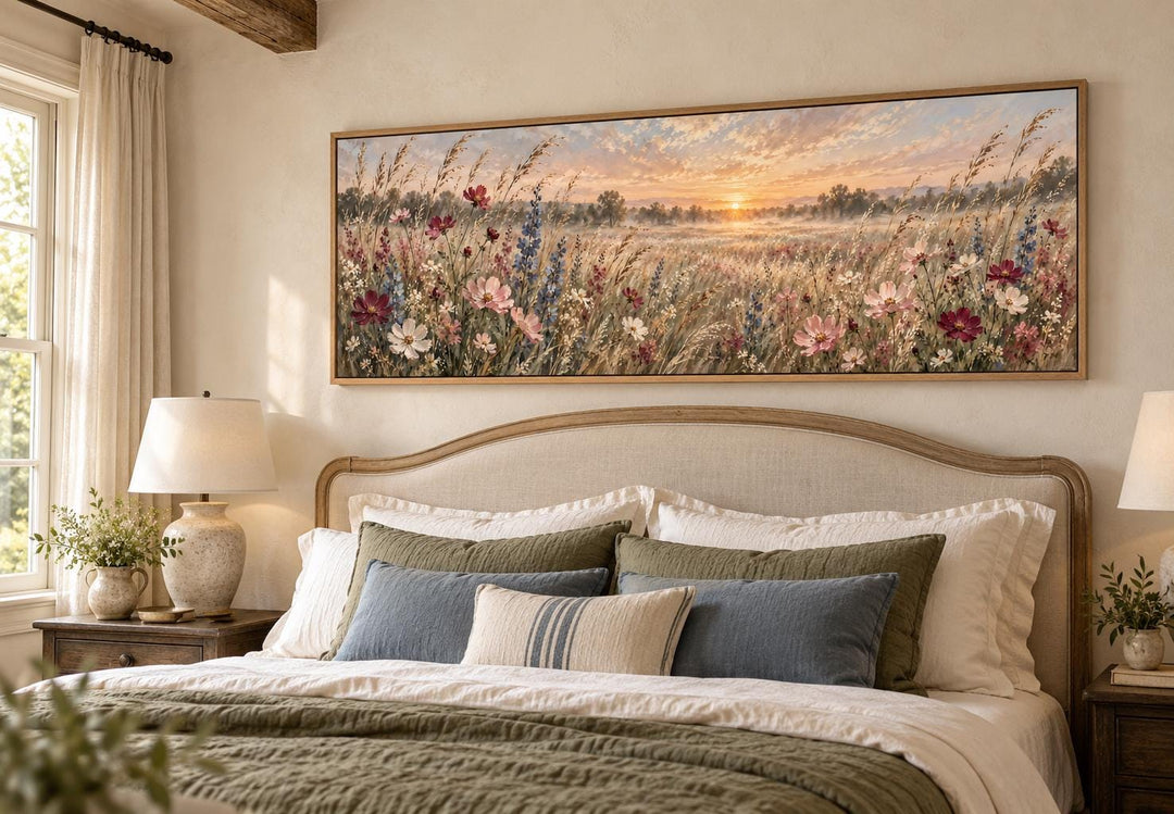 Long narrow canvas wall art of a wildflower meadow at sunrise above a bed with green pillows.