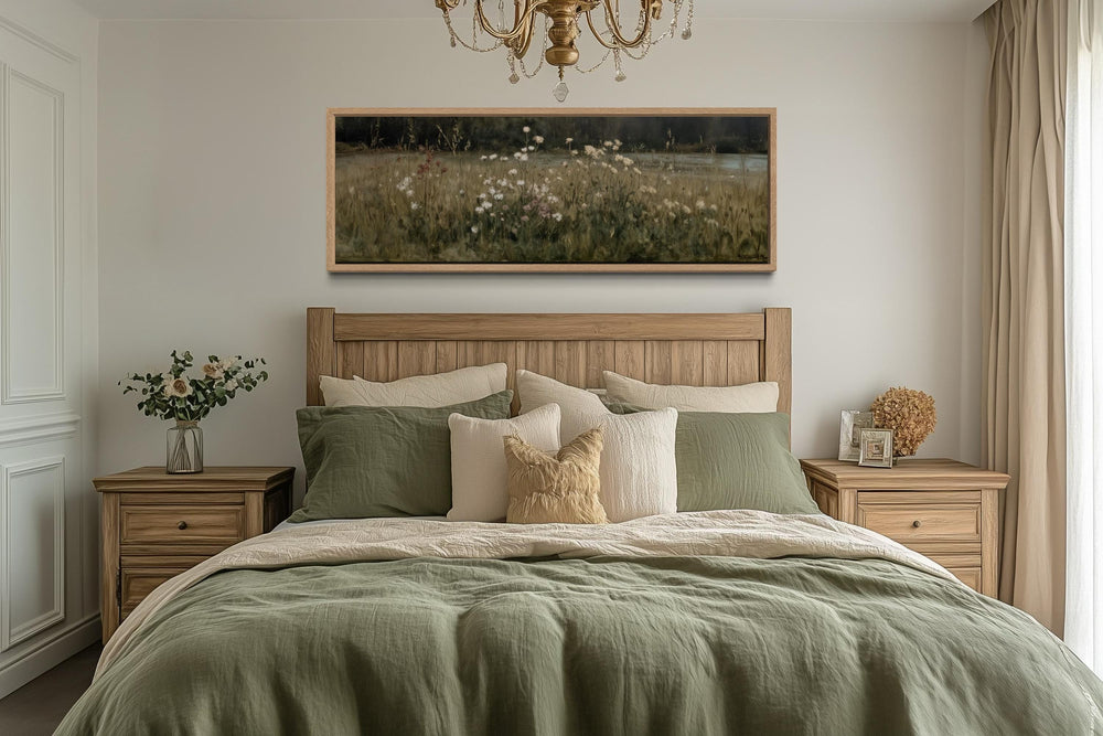 Long narrow wildflower meadow canvas art in a neutral landscape style hanging above a wooden bed.