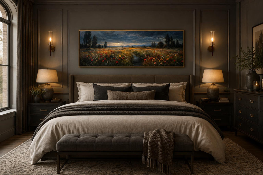 Horizontal wildflower meadow canvas print in a gold frame hanging above a bed in a moody bedroom.