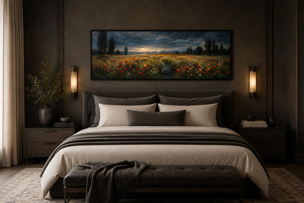 Wide horizontal canvas of a wildflower meadow at dusk with a moody sky, hung above a dark bed frame.