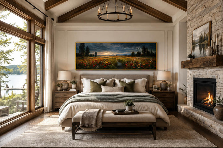 Wildflower meadow at dusk canvas wall art in a gold frame hanging above a bed in a rustic bedroom.
